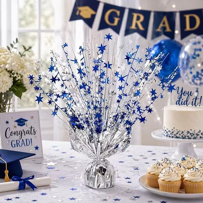 6 Pack Metallic Foil Spray Centerpiece Stars for Wedding, Birthday, Anniversary, Christmas Table Decor, Holiday Festival Baby Shower Graduation Mantle Party Decorations (Silver&Blue)