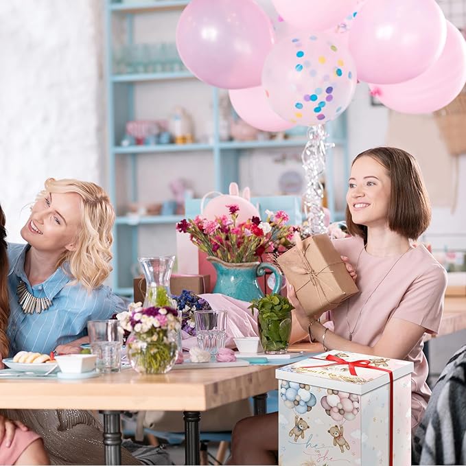Hungdao Gender Reveal Balloon Box with Ribbon and 10 Pink and Blue Balloons Gender Reveal Games He or She Open to See for Party Decoration 12"x12"x16"(Boho Bear)
