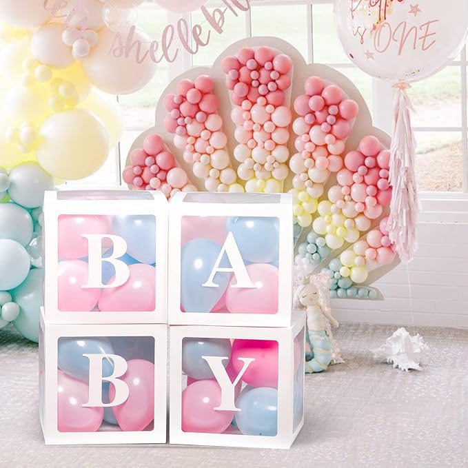 Voircoloria Baby Boxes with Letters for Baby Shower, Gender Reveal Decorations with 4 Transparent Balloon Boxes for Gender Reveal Party (Blue and Pink Balloons)