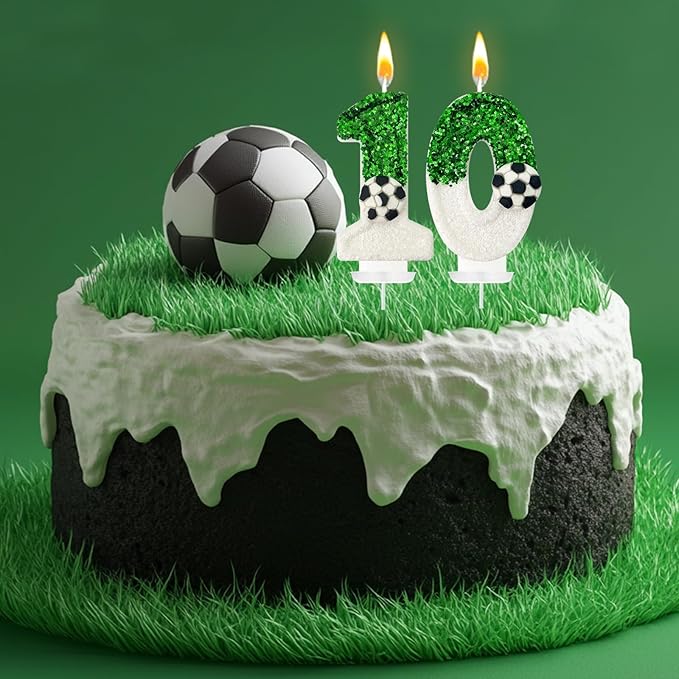 Birthday Candles，Soccer Birthday Decorations，Soccer Cake Topper,for Girl and boy Cake Toppers, Wedding Cakes, Anniversaries, Party Celebrations, Birthday Decorations (Green White, Number 10)