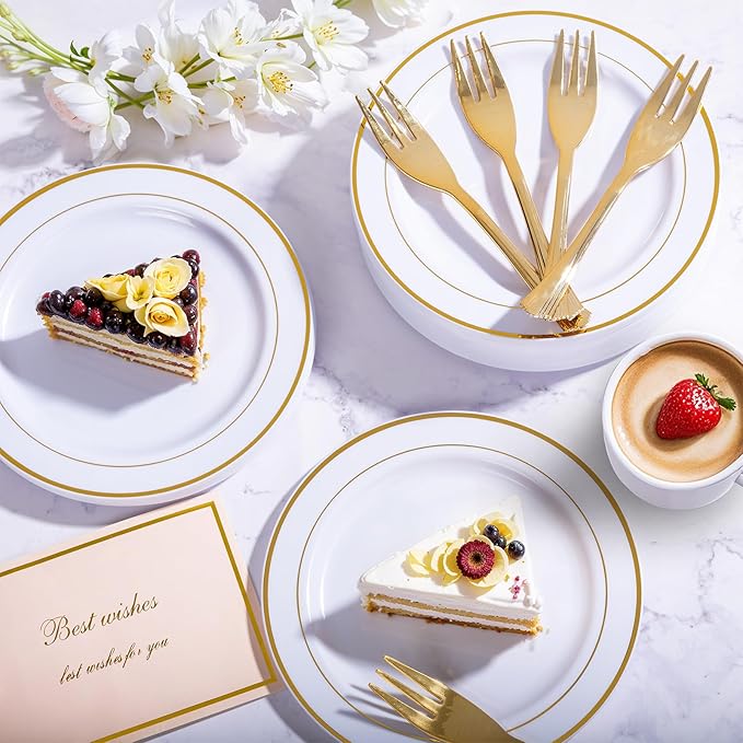 WELLIFE 60 PCS Gold Plastic Dessert Plates and 60 PCS Forks, 6.3 inch Disposable Salad Plates, Premium White Appetizer Plates with Gold Rims, Perfect for Party and Wedding