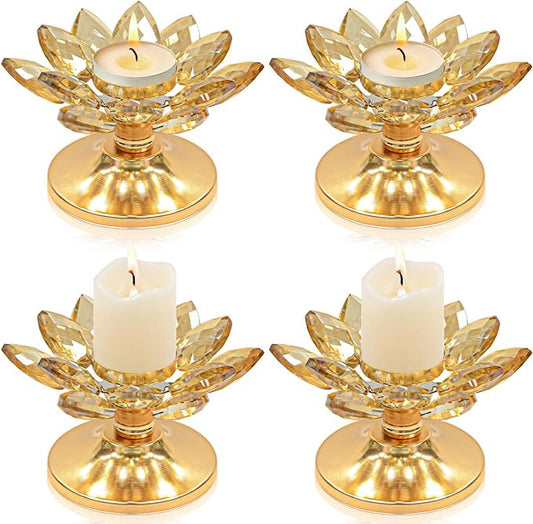 4 PCS Gold Crystal Flower Tea Light Holder, Glass Tealight Candlestick with Metal Base, Votive Candle for Table Centerpiece, Wedding/Parties Decor, Nice Gift