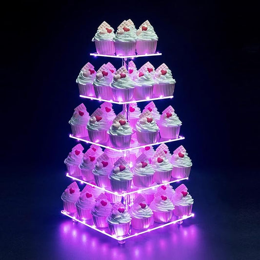 Cupcake Stand, 5-Tier Square Cupcake Holder with LED Light String, Acrylic Cupcake Tower Display-Dessert Tower-Pastry Stand-Cupcake Tier Stand for Wedding, Birthday Party (Pink Light)