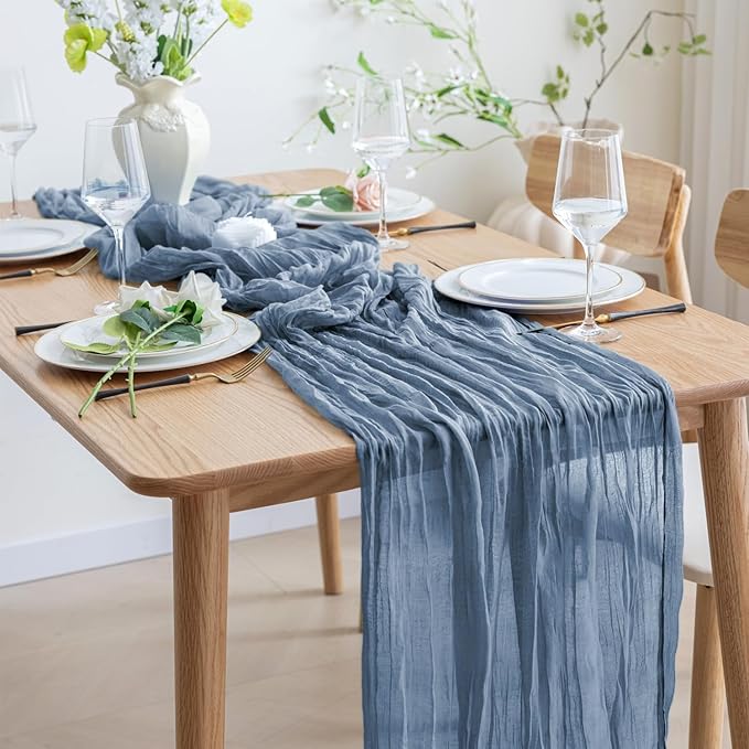 Asee'm Cheesecloth Table Runner 120 Inches Dusty Blue Boho Gauze Cheese Cloth Runner 10FT Rustic Sheer Dining Table Runners for Fall Thanksgiving Wedding Baby Shower Decoration