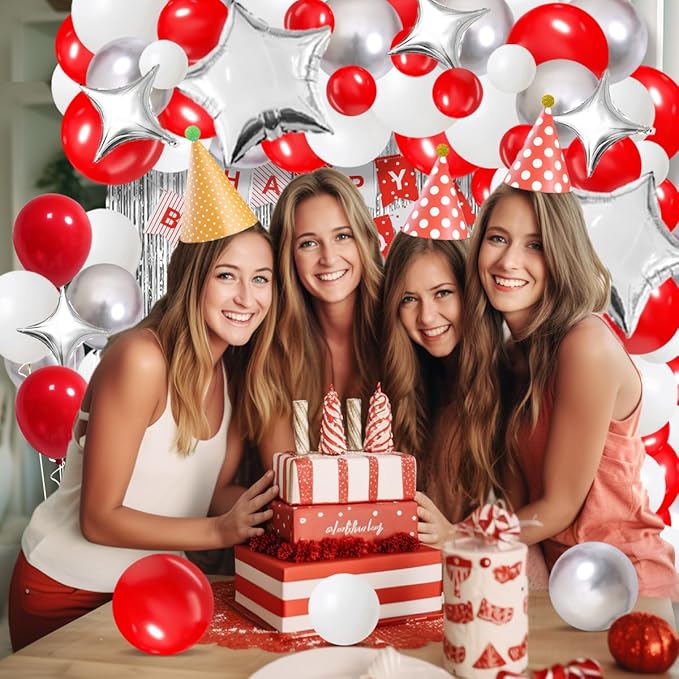 Red White Silver Balloon Garland Arch Kit, Red and White Metallic Silver Balloons Tinsel Foil Fringe Curtain for Wedding Birthday Engagement Graduation Valentines Party Decorations