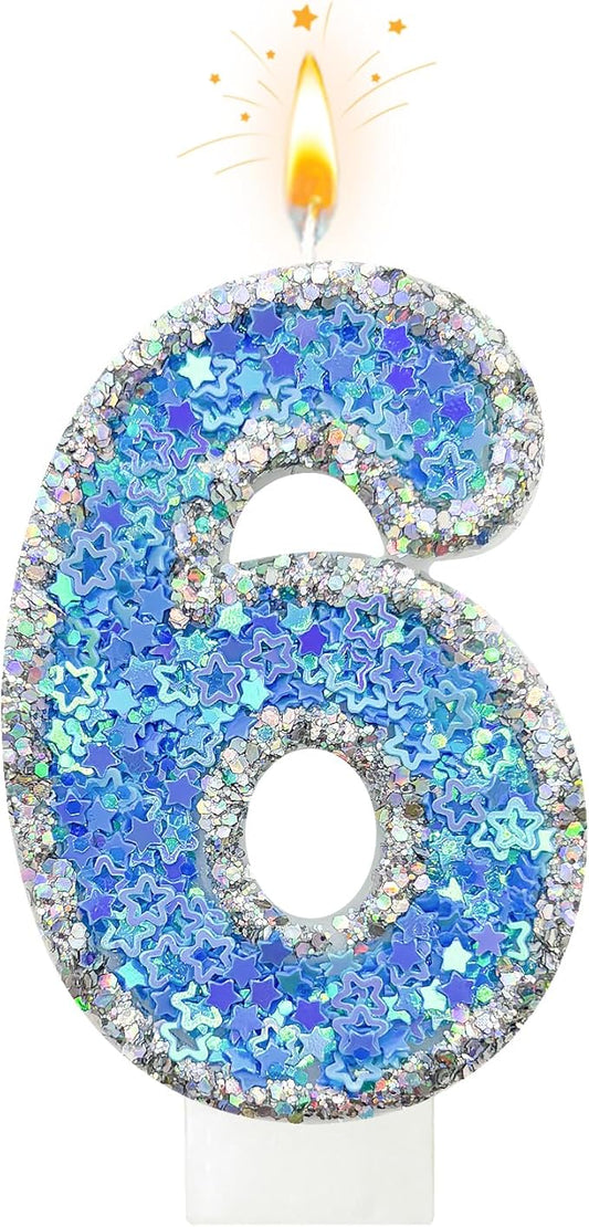 Blue Star Number 6 Candle for Cake Decoration, Glitter Star Cake Topper, Shaker Style Number Candle for Anniversary Celebration Party Supplies