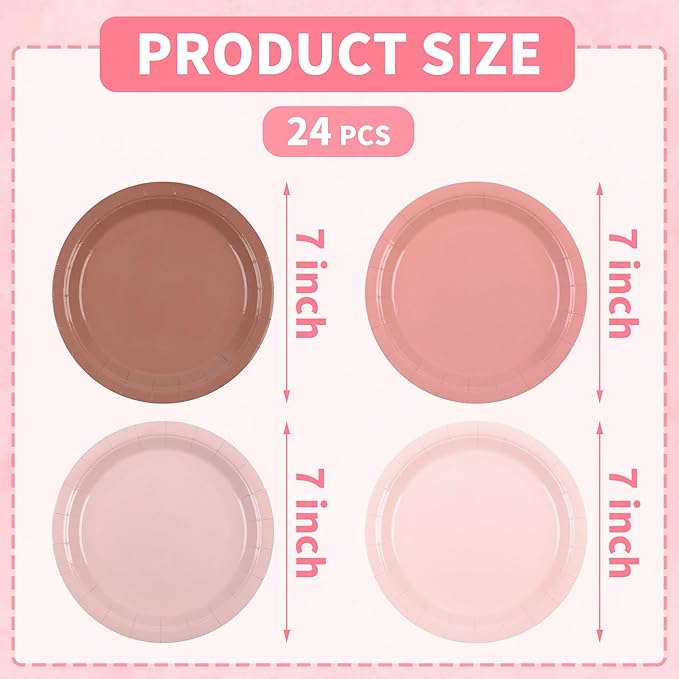 AimFun 24 Pcs Dusty Pink Paper Plates 7Inch Gradient Pink Party Plates 4 Colors Disposable Round Dessert Plates for Coquette Birthday Wedding Bridal Shower Party Supplies