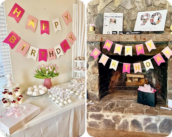 Happy Birthday Banner Birthday Party Supplies Garland Decorations Pink White Light Green Birthday Signs Nursery Hanging Decor (Tricolor)