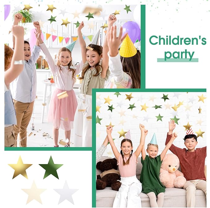 Patelai Glitter Star Garland Banner 2026 Graduation Decor 130 Feet Star Hanging Banner Twinkle Backdrop for Party Birthday Classroom Wedding Supplies(Sage Green, Gold, White)