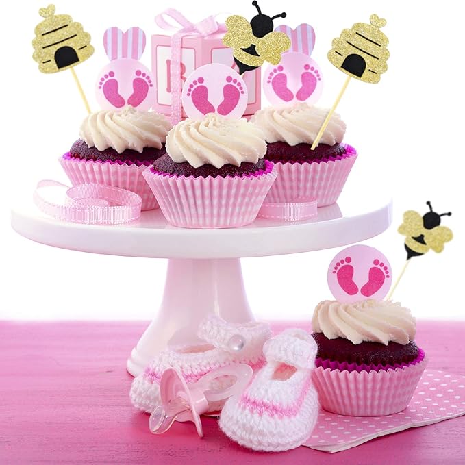 50 Pieces Bee Toothpicks Bulk Bee Cupcake Toppers Glitter Bee Cake Picks Decorations for Birthday Party Favors Supplies