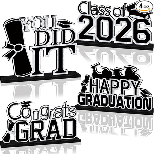 4Pcs Black and Silver Graduation Decorations 2026 Wooden Table Centerpieces Class of 2026 Table Toppers Congrats Grad Tiered Tray Decor for 2026 Graduation Table Decorations