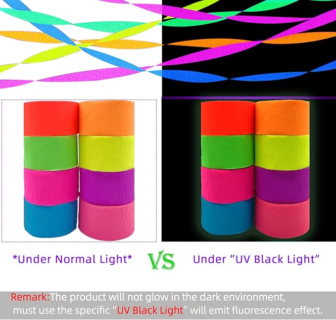 888 Feet Neon Glow Streamer Decorations - UV Reactive Fluorescent Neon Paper Streamers for Glow in The Dark Parties