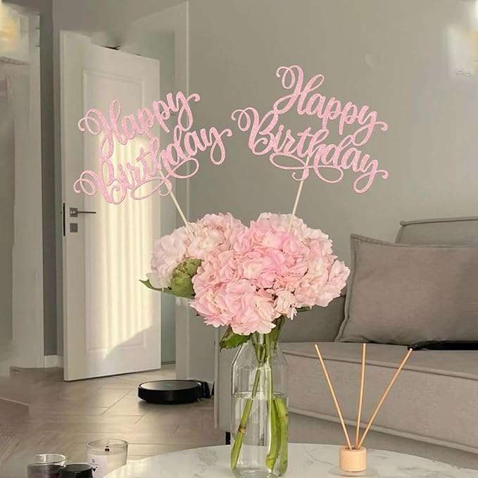 12 PCS Happy Birthday Centerpiece Sticks Double Sided Glitter Happy Birthday Table Flower Centerpieces Decorations for Celebrating Anniversary Theme Party Centerpieces Supplies Light Pink