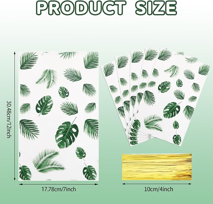 100 Pcs Gift Wrap Cellophane Treat Bags, 7 X12 Inch Hawaiian Palm Leaf Cellophane Candy Bags with for Candy,Cookies,Wedding Bridal Decorations Birthday,Valentine Party with Twist Ties