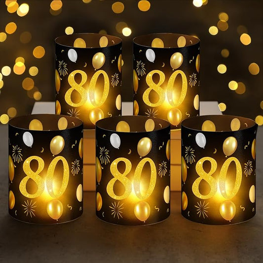 10 Sets 80th Happy Birthday Centerpieces for Table Black and Gold Birthday Decorations Lantern Boxes with Tea Lights Candles Centerpieces for Men Women 80th Party Supplies
