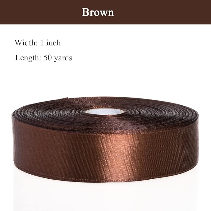 YASEO 1 Inch Brown Solid Satin Ribbon, 50 Yards Craft Fabric Ribbon for Gift Wrapping Floral Bouquets Wedding Party Decoration