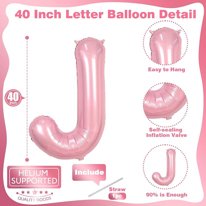 Pastel Pink Balloon Letter J, Large Mylar Alphabet J Custom Balloon Letter Pearl Pink Decor, 40 Inch Inflatable Light Pink Letter J Foil Customize Balloons for Girls Birthday Party Decoration Supplies