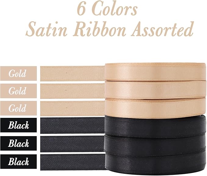 TONIFUL 6 Rolls Graduation Satin Ribbon 3/8 Inch Black Gold Ribbons for Gift Wrapping, Flower Bouquet, Bows, Treat Bags, Crafts, Graduation Leis Making, Birthday Party Decor （25 Yards/Roll