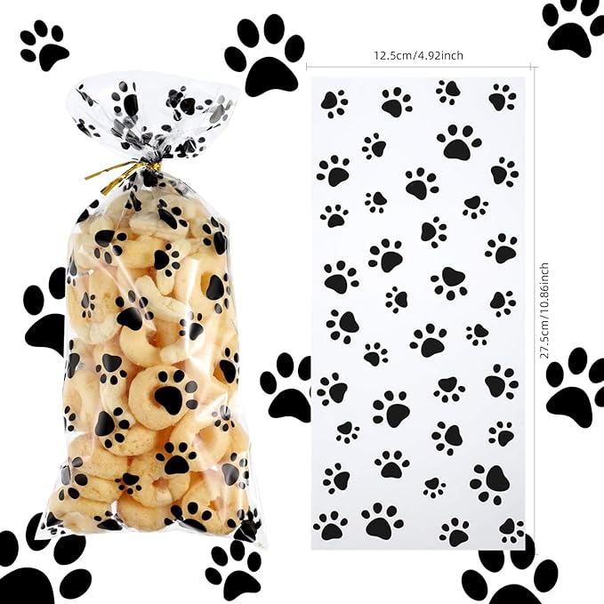 iNINGER 50 Pcs Dog Claws Cellophane Treat Bags with Twist Ties,Pet Paw Cellophane Bags Dog Party Favor Heat Sealable Treat Paw Gift Cat Candy Bags for Pet Party Favors