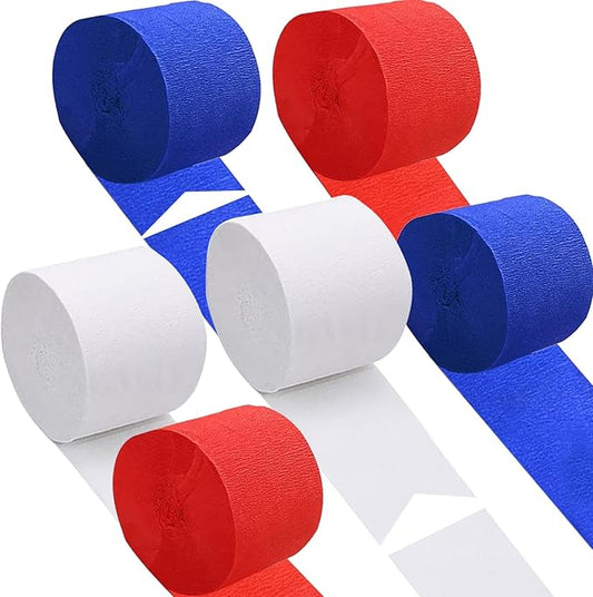 Red White and Blue Crepe Paper 6 Pcs Streamers for Party Decorations, Birthday Wedding DIY Crafts, Gift Wrapping Supplies