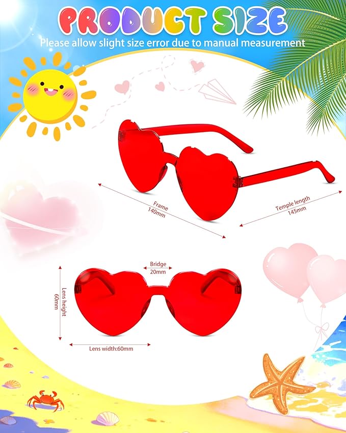 12 Pairs Heart Shaped Sunglasses Candy Color Rimless Fun Heart Glasses for Women Party Favors