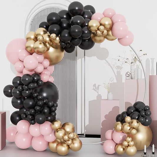 Black Pink and Gold Balloons Arch Kit, 134pcs 18/12/10/5inch Black Pastel Pink Chorme Gold Balloons Garland for Princess Birthday Wedding Bridal Baby Shower Bachelorette Mother's Day Party Decorations
