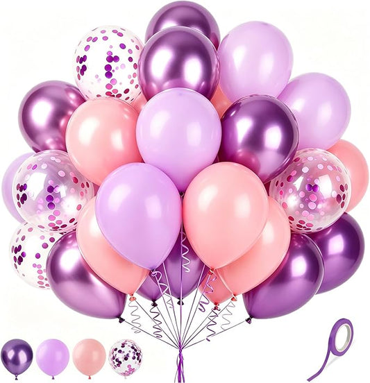 Pink and Purple Balloons Metallic Purple Balloon, 60 Pcs 12 Inch Latex Confetti Metallic Balloons with 1 Ribbon, Lavender Balloon for Birthday Wedding Baby Shower Bridal Shower Party Decorations