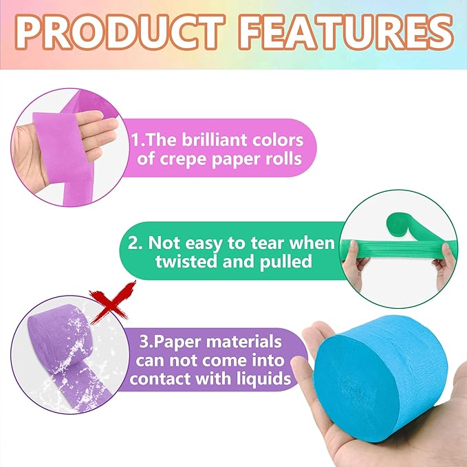 Crepe Paper Streamers 6 Rolls Pastel Streamers 2.2 Inches 738 Feet, Streamers Party Supplies for Birthday, Wedding, Baby Shower, Bachelorette Party, Graduations Decorations, DIY Crafts