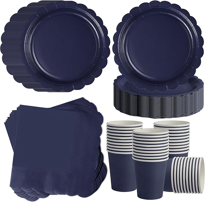 Navy Blue Scalloped Party Plates Set, 120-Piece Disposable Dinnerware for 40 Guests, 7-inch Decorative Edge Plates, Cups & Napkins for Corporate Event, Mens Birthday, BBQ