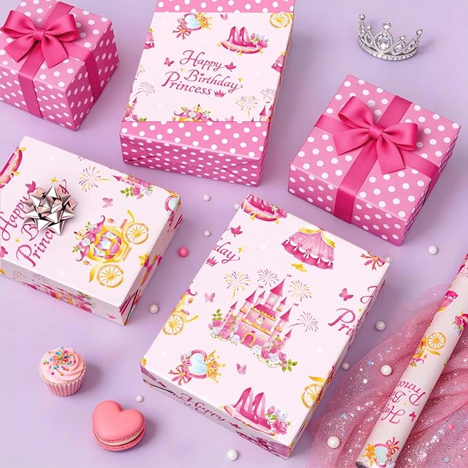 WERNNSAI Princess Castle Wrapping Paper - 1 roll 17”x33ft Happy Birthday Wrapping Paper Roll for Kids Girls Pink Carriage Castle Gift Wrap Roll Princess Theme Party Favor Polka Design