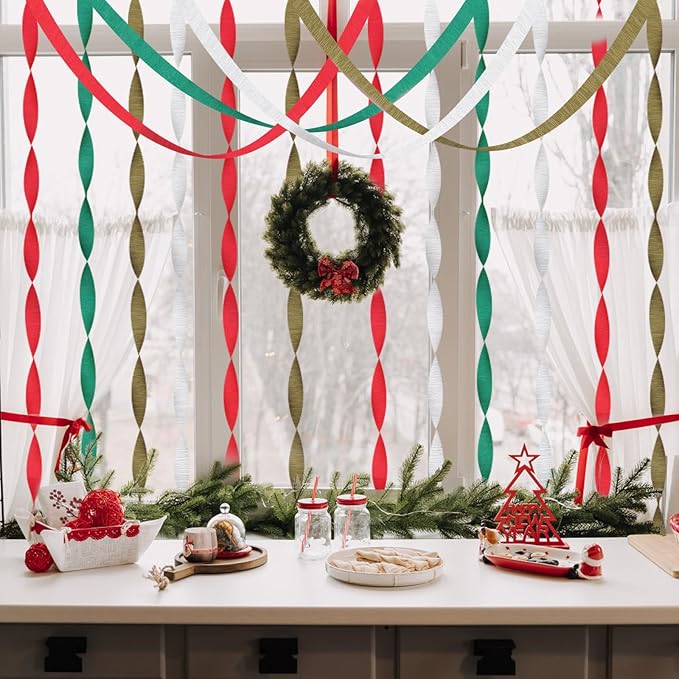 8 Rolls Christmas Crepe Paper Streamers Christmas Party Supplies Red Green White Paper Streamers for Xmas,New Year, Birthday, Graduation Party