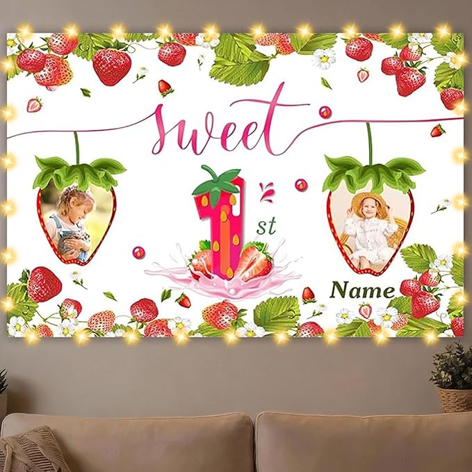 Dicodes Custom Strawberry Theme Birthday Banner - Personalized Fabric Banner for Birthday Decorations