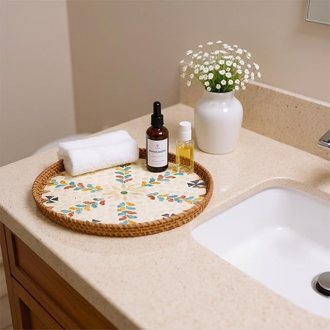 Round Rattan Tray with Mother of Pearl Inlay, Handwoven Wicker Coffee Table Serving Basket Tray for Fruit Snack Party Picnic Cafe Bedroom Kitchen Home Decor Set of 2 (Colorful Wicker)