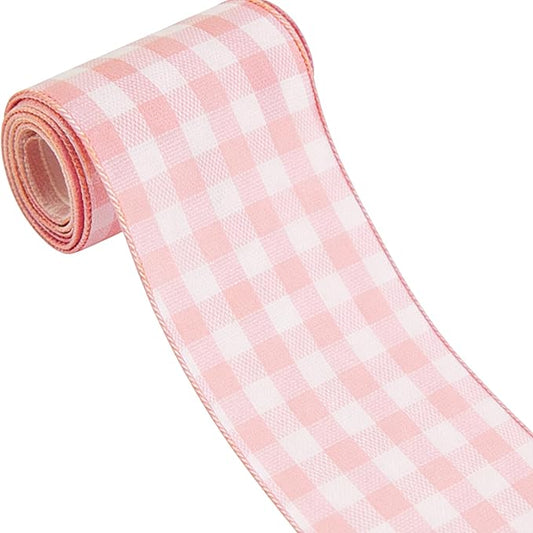 Meseey 4 Inch Pink White Buffalo Plaid Burlap Wired Ribbon 10 Yards Farmhouse Tartan Check Wired Edge Ribbon for Decor Crafts
