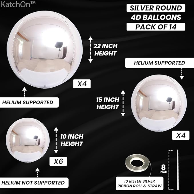 KatchOn, Metallic Silver Balloons - 22 Inch Pack of 14 | 4D Round Foil Balloons for Silver Party Decorations | Graduation Balloon for Birthday, Disco Party Decorations, Graduation Decorations 2026