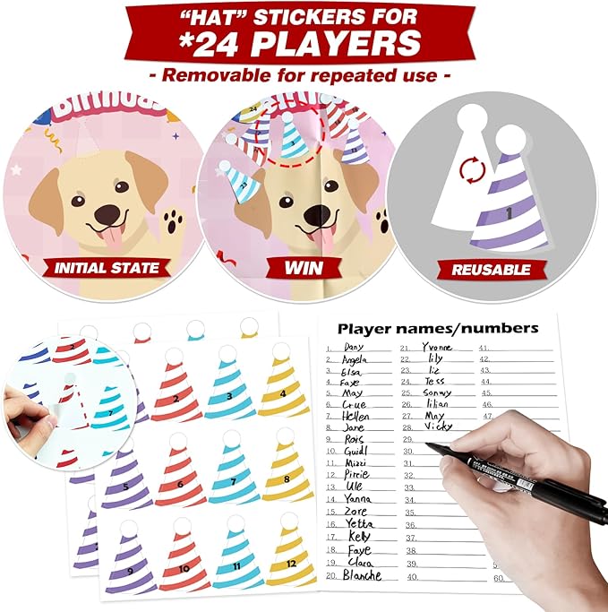 PARTYLOUD Dog Birthday Party Games, Pin The Hat on The Dog, Dog Themed Pet Party Games Toddlers Preschool Party Supplies Favors for Boys Girls Adults 24 Guests