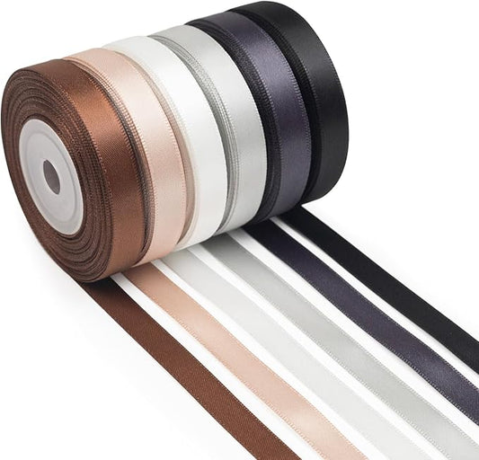 Black and White Satin Ribbon 3/8 Inch Wide Gray Brown Silver Vanilla Ribbon Assorted Solid Color Double Faced Satin Ribbon for Wedding Flower Bouquet Wrapping Gift Wrapping Hair Bows Crafts