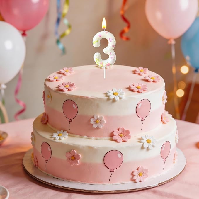 Number 3 Birthday Candle for Cake – Goose Inspired Design with Floral, Balloon & Leaf Details – Farm Theme Cake Topper for Birthday Party Decoration
