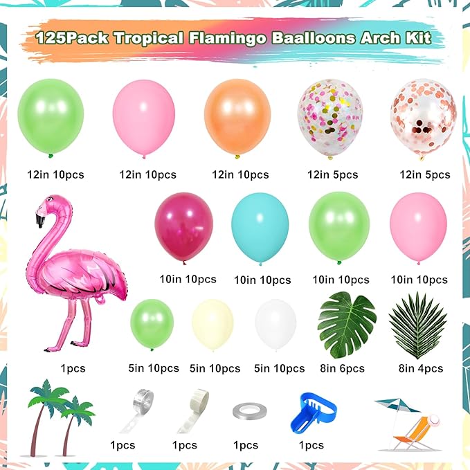 124Pcs Tropical Balloons Arch Garland Kit, Green Hot Pink Rose Gold Confetti Balloons Palm Leaves for Tropical Hawaiian Aloha Luau Flamingo Birthday Party Baby Shower Wedding Decorations