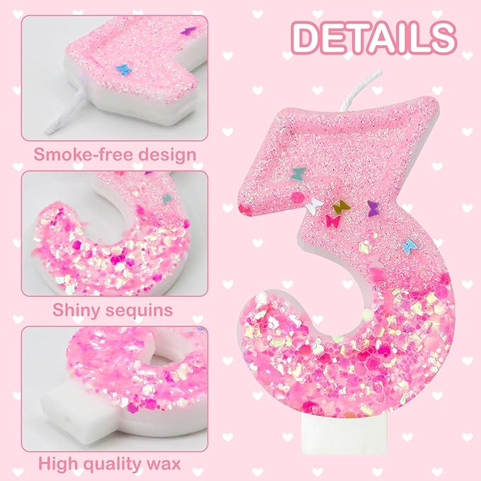 Pink Sequin Birthday Candles, Cake Number Candles, Girls 0th Birthday Decorations, Suitable for Birthday Parties, Anniversary Party Decorations(3)