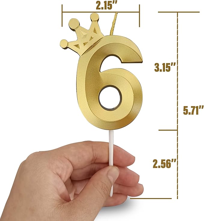The Number 6 Gold Birthday Candles for Cake is Beautiful Number Candles for 6th Birthday Decorations for Boys and Girls (Gold-6, Crown)