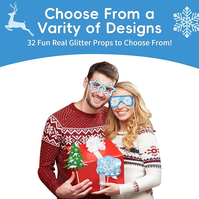 Glitter Winter Photo Booth Props Set,32pcs Winter Wonderland Decorations,Fun Snowman Snowflake Selfie Props Signs,Christmas Photo Backdrop Table Decorations for Holiday Birthday Party Favors Supplies