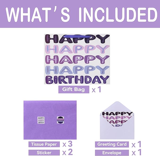 Qirrmiy 16.5" Extra Large Purple Happy Birthday Gift Bag Set with Handles, Greeting Card, Tissue Papers and Stickers for Women Girls Kids Teens, Words Design, 1 Pcs