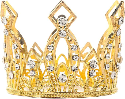 Mini Crown Cake Topper Princess and Prince Crystal Headpiece Tiara Rhinestone Crown Cake Decoration for Wedding Birthday Baby Shower Party Favors (Golden)