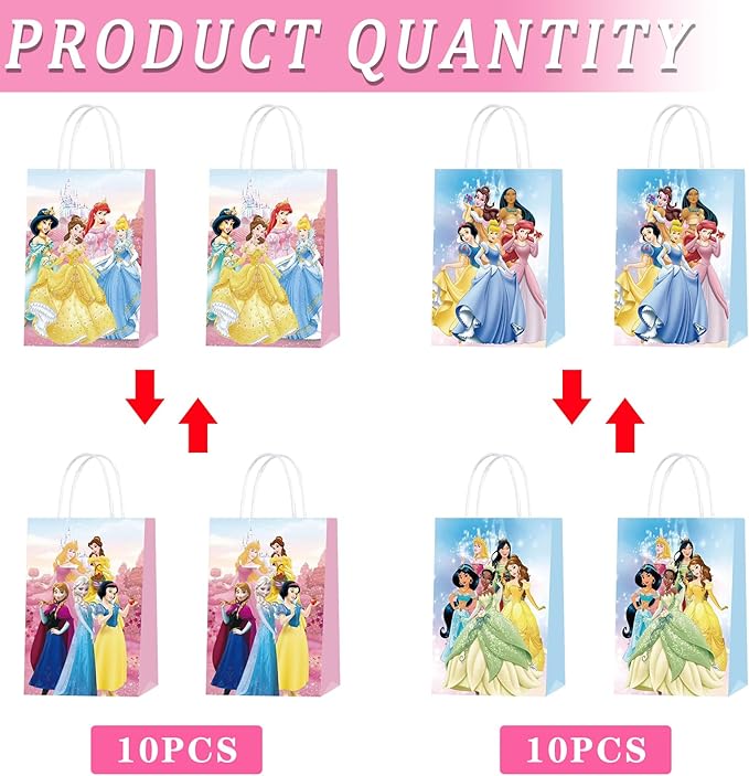 AURSWIF Princess Birthday Party Bags, 20 PCS Princess Kraft Paper Goodie Bag with Handles Small Gift Treat Bags for Princess Party Supplies