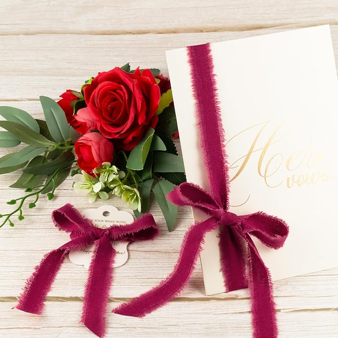 Burgundy Cotton Ribbon 5/8 Inch Burgundy 3 Rolls 21 Yards Frayed Edge Fabric Set for Wedding Decor, Bridal Bouquet Wrap, Anniversary Celebration, Gift Wrapping & Christmas Decor
