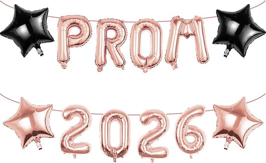 Prom 2026 Balloons Decorations, 16 Inch Foil Letter Number Balloons with 18 Inch Black Rose Gold Star Balloons for High School College Graduation Gift Retirement Ins Photo Party Supplies