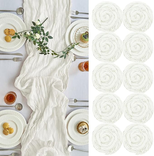 IVAPUPU 10 Pcs Cheesecloth Table Runner - 10ft Ivory White Spring Boho Gauze Cheese Cloth Table Runners for Baby Shower Decorations Wedding Party Garden Farmhouse