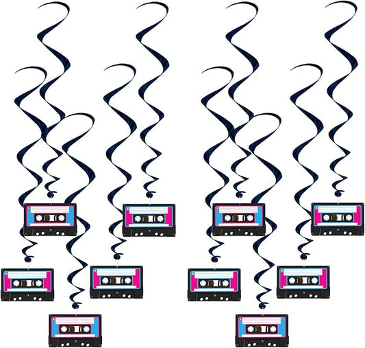 Beistle 10 Piece 80's Theme Cassette Tape Swirls, 1980's Retro Hanging Whirl Decorations