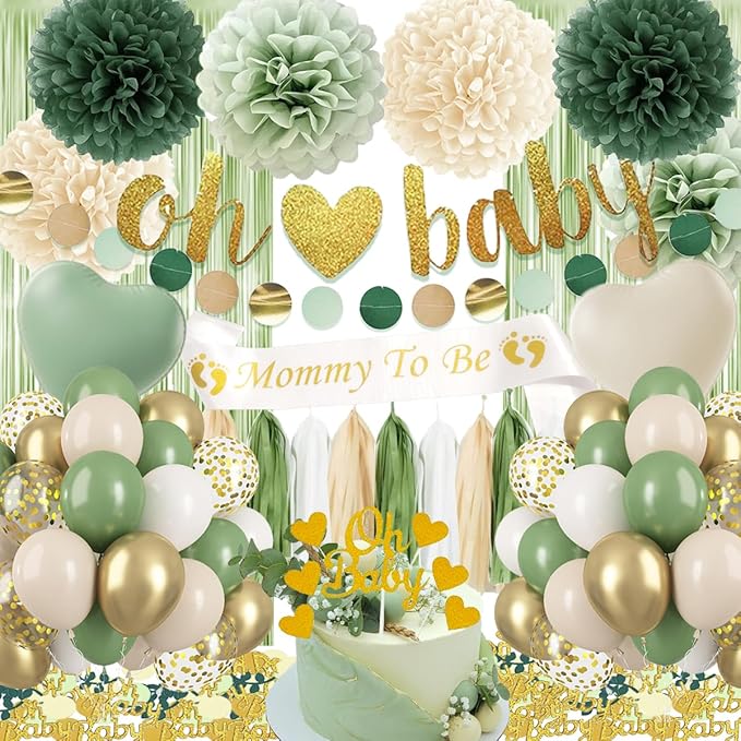 Baby Shower Decoration, Sage Green Gender Neutral Baby Shower Party Decorations with Balloons, Oh Baby Banner, Pom Poms, Cake Topper, Confetti, Mom To Be Shoulder Sash for Boy Girl Baby Showers Decor